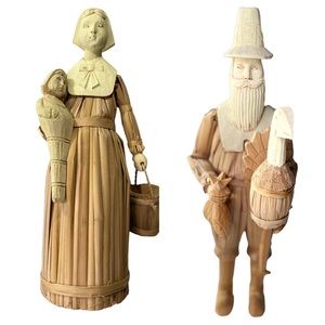 Vintage Cornhusk & Carved Wood 17” Male & 16” Female Pilgrim Figures